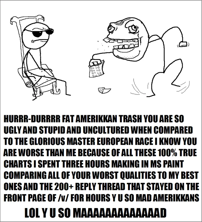A counter-signal parody of the '/v/ Euro superiority' rant, exaggerating the smug tone of anti-American forum posts.