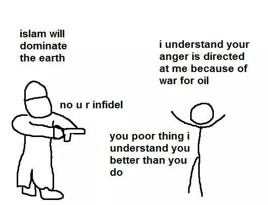 A counter-signal comic mocking the 'regressive apologist' framing that rationalizes extremist rhetoric as a reaction to Western foreign policy.