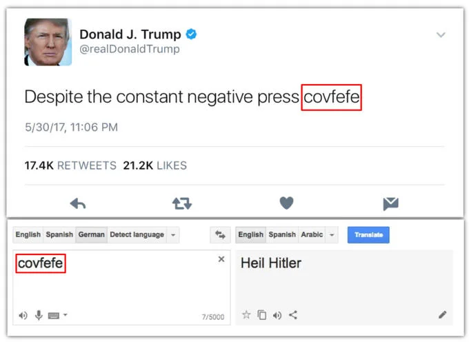 A viral joke image pairing Trump's 'covfefe' tweet with a fabricated Google Translate result reading 'Heil Hitler.'