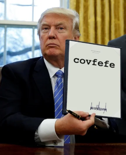 A repost of the edited image showing Trump holding a document with the word 'covfefe' inscribed on it.