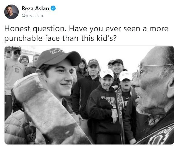 Author Reza Aslan's widely criticized tweet responding to the viral Covington confrontation image.