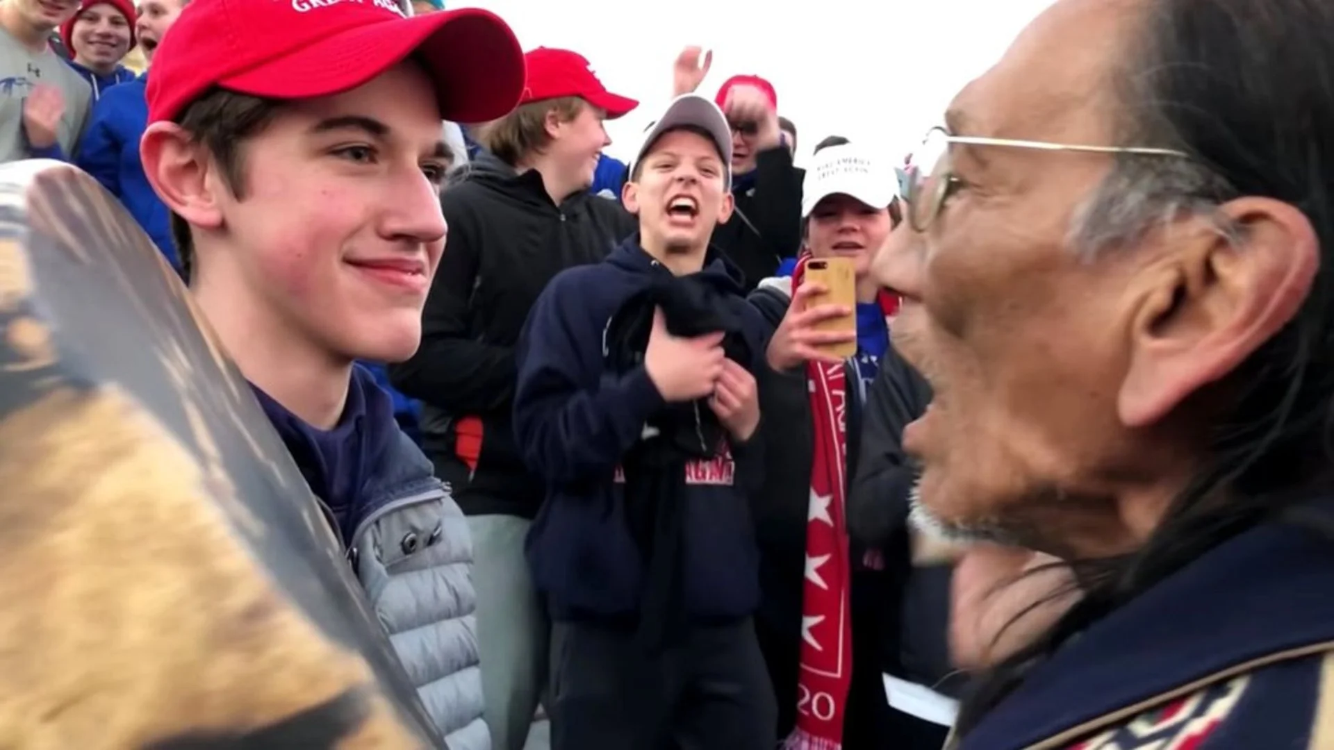 The viral confrontation between Covington Catholic student Nick Sandmann and Native American activist Nathan Phillips at the Lincoln Memorial on January 18, 2019.