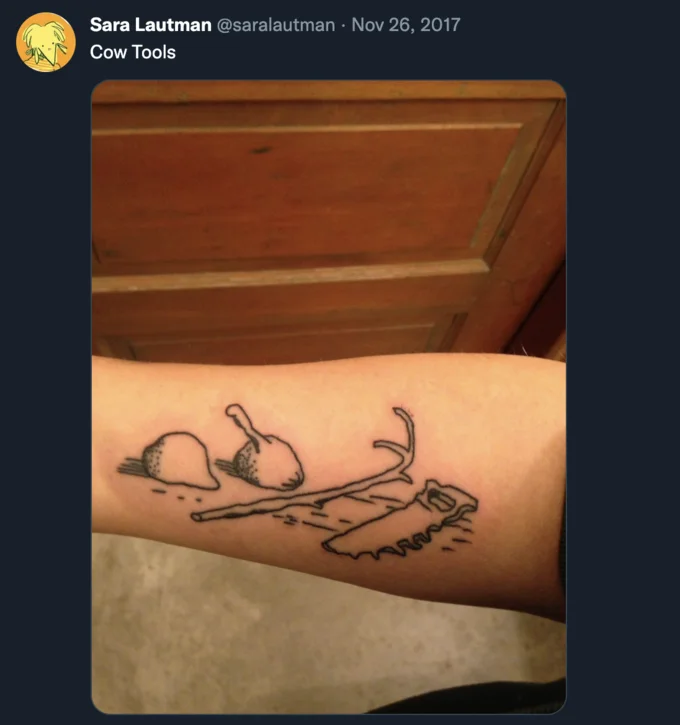 Cartoonist Sara Lautman shares her 'Cow Tools' tattoo, one of many tributes to the cult-favorite Far Side strip.