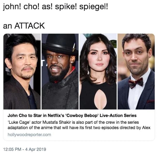 A viral tweet celebrating the announcement of John Cho as Spike Spiegel in Netflix's live-action Cowboy Bebop adaptation.