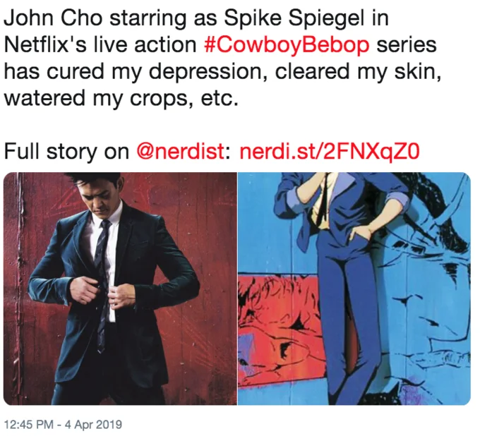 A side-by-side comparison of John Cho and anime Spike Spiegel shared in an enthusiastic reaction to the Netflix casting news.