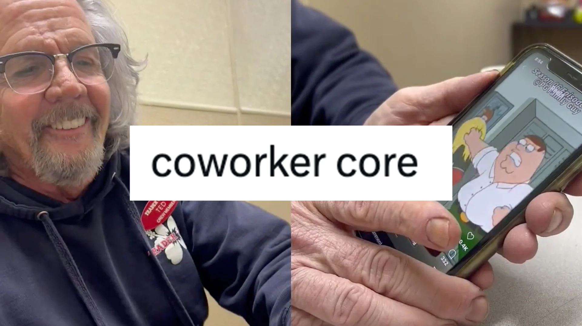 The 'coworker core' meme entry image depicting an older coworker showing a Family Guy TikTok clip on his phone.