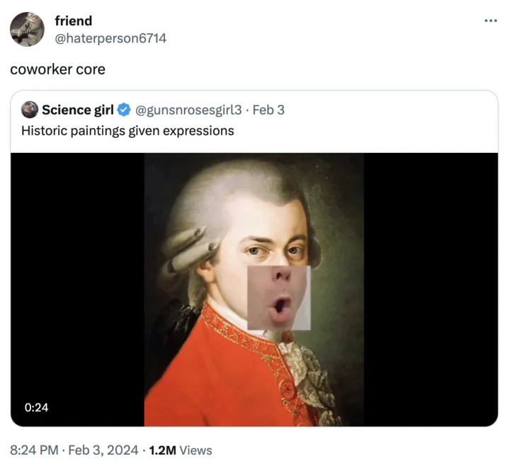 A tweet applying the 'coworker core' label to a viral video of historic paintings given animated expressions.