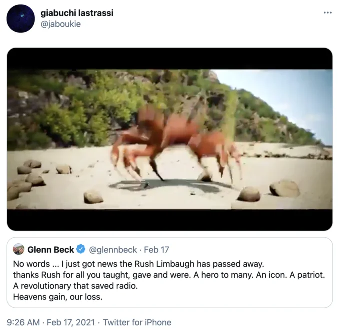 A viral tweet using the Crab Rave GIF to react to Glenn Beck's mourning of Rush Limbaugh, exemplifying the meme's use to celebrate the deaths of disliked public figures.