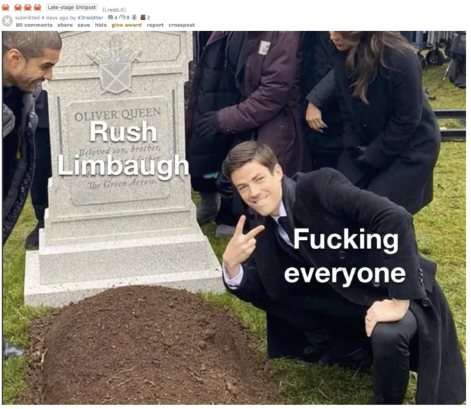A Reddit post celebrating Rush Limbaugh's death, part of the broader wave of Crab Rave-adjacent reactions to the news.