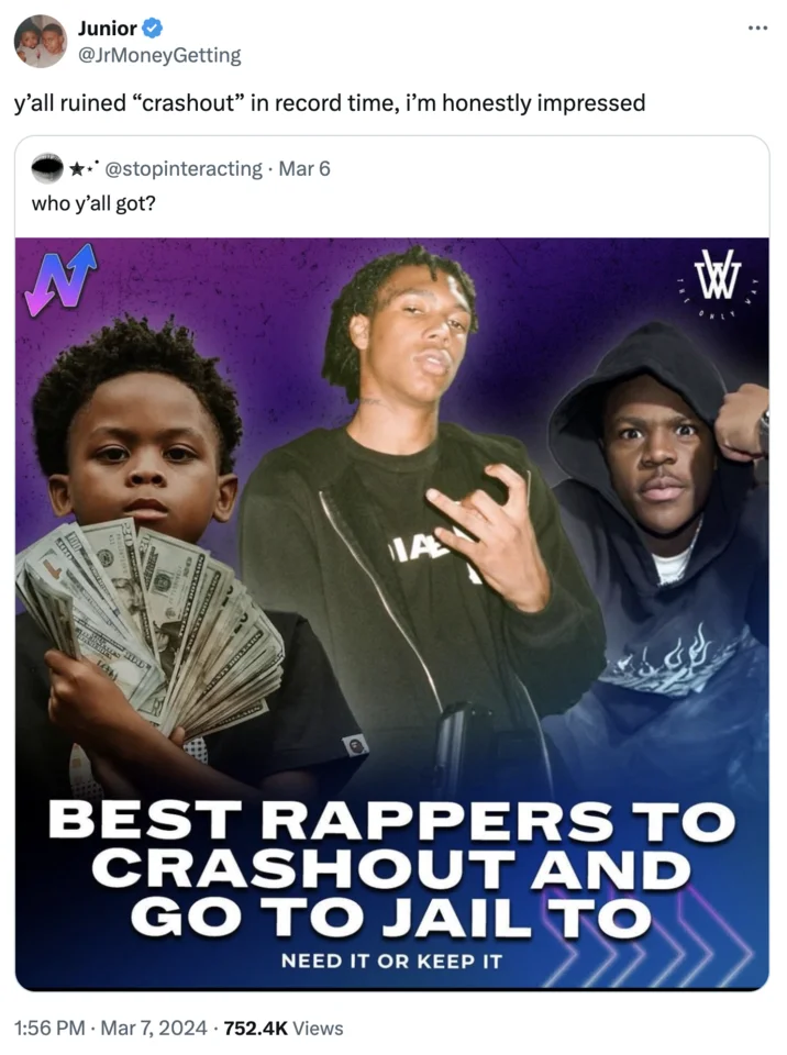 A meta-commentary tweet reacting to a rapper tier list graphic that popularized the phrase 'crashout' in hip-hop discourse.