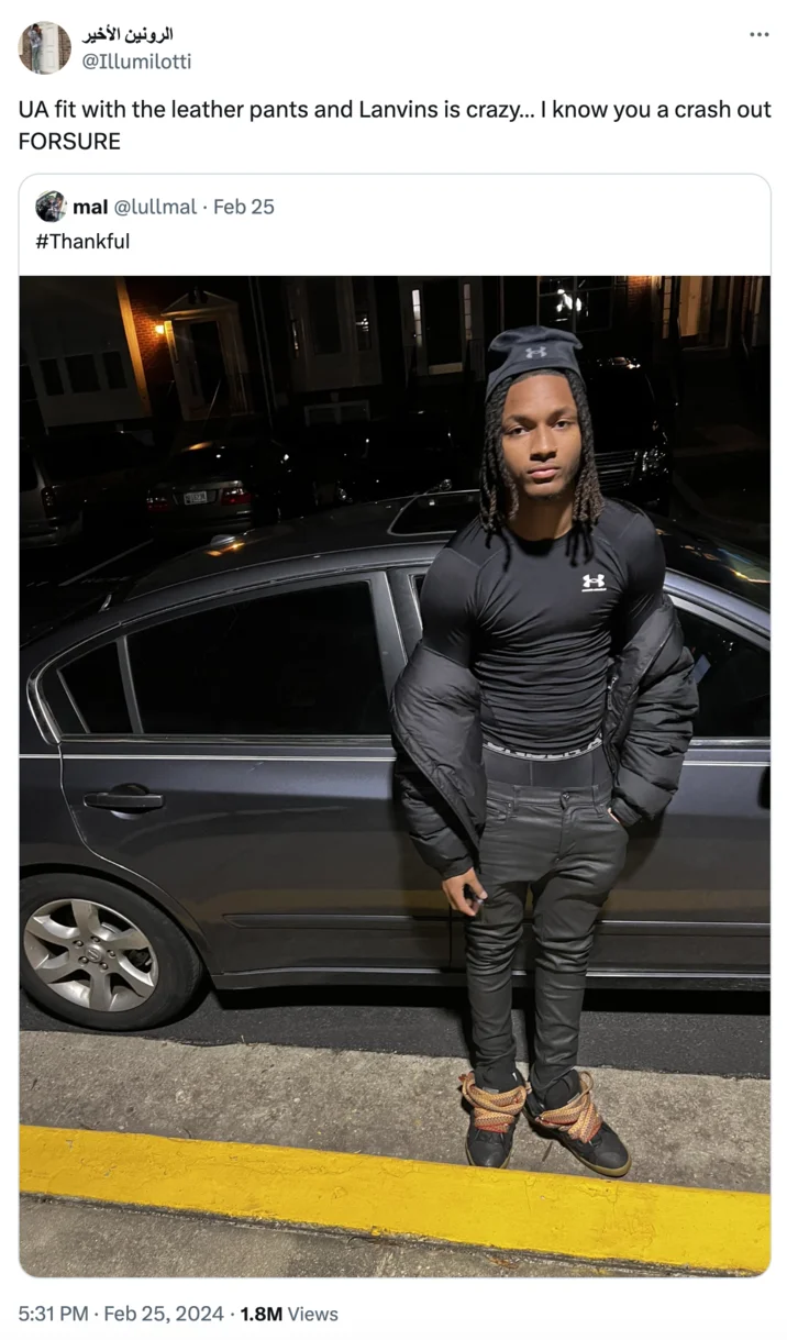 A tweet using 'crash out' as a fashion-based label, associating a specific streetwear fit with someone prone to erratic behavior.