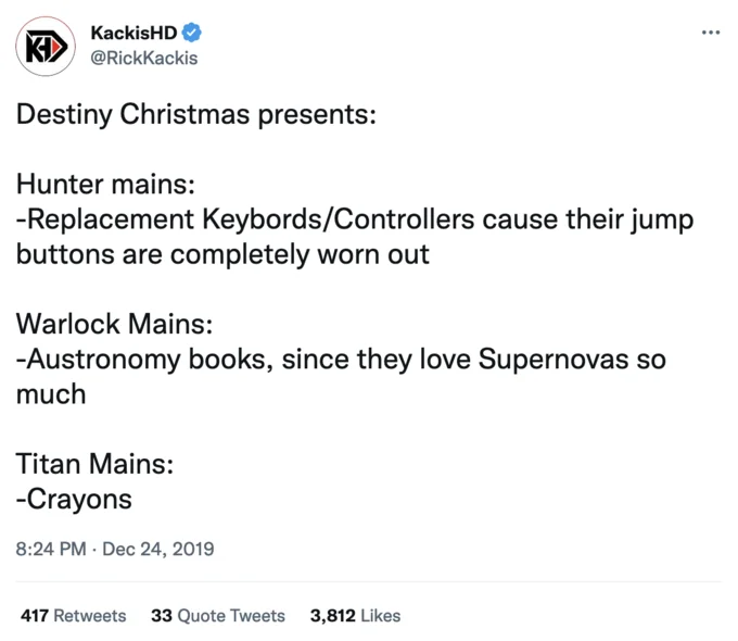 A KackisHD tweet extending the Marines-eat-crayons joke to Destiny 2 Titan mains.