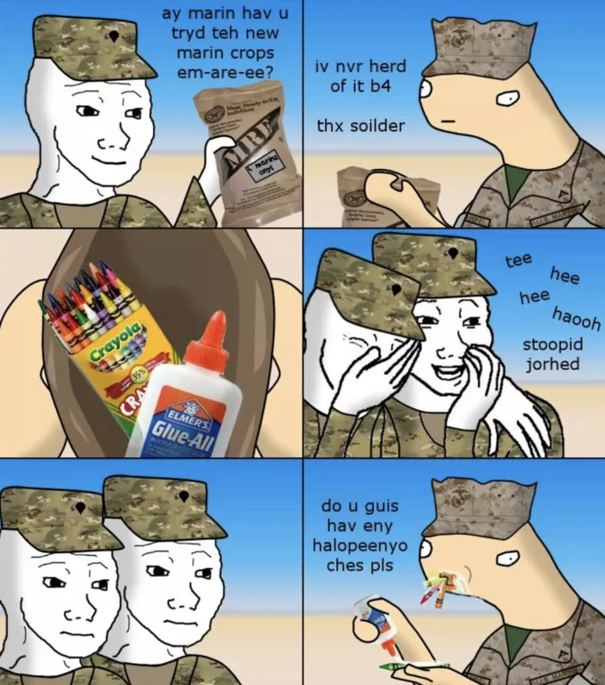 Wojak-style comic mocking Marines' stereotyped intellect by depicting them eating crayons and glue in place of MRE food.