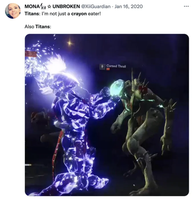 A tweet meme mocking Destiny 2 Titans as crayon eaters who mostly just punch enemies.