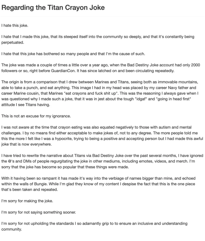 The Bad Destiny Joke author's public apology explaining the Marines-Titans crayon-eating joke's origin.