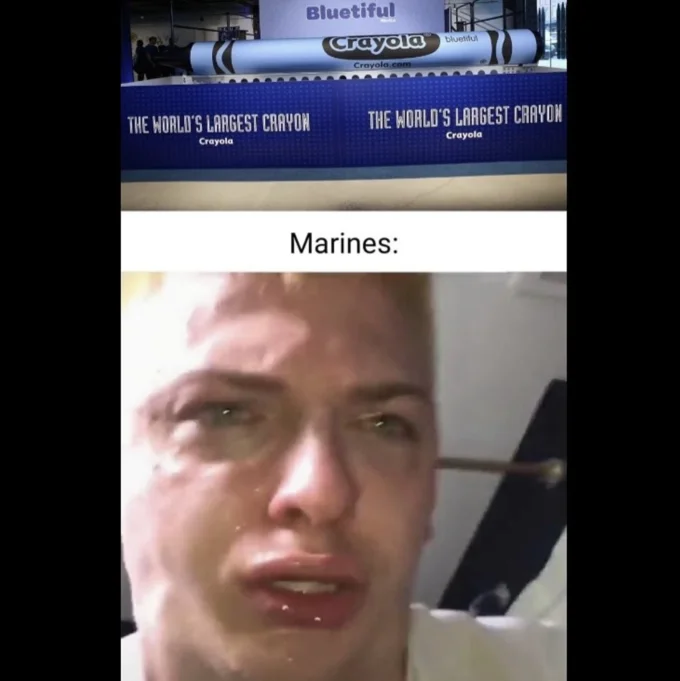 A meme reaction depicting Marines' emotional excitement at the sight of the world's largest crayon.