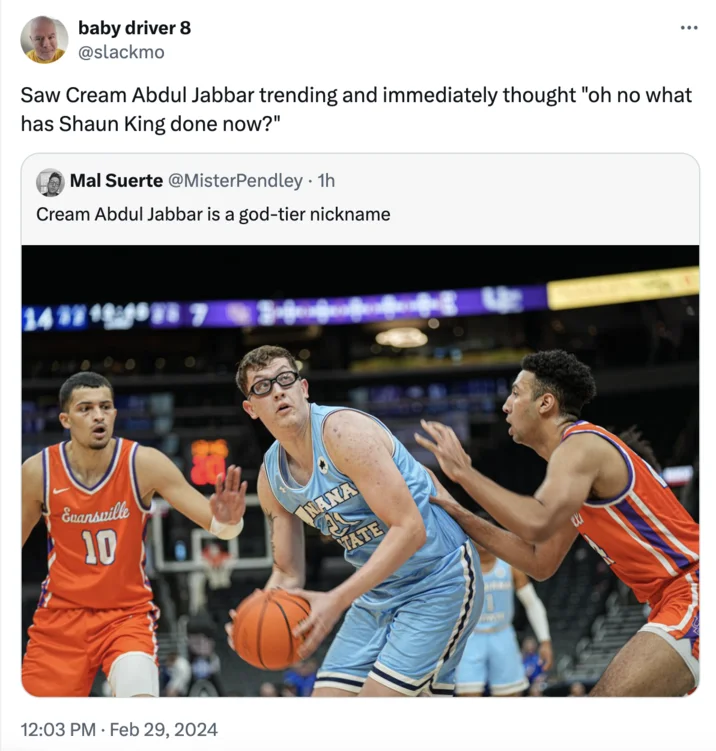 Joke about unexpected Cream Abdul Jabbar and Shaun King Twitter trending.