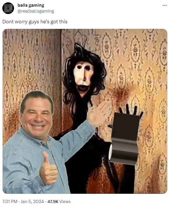 A humorous edit posted by @realballsgaming (Jan 5, 2024) showing the creature 'fixing' the broken window with duct tape and a confident helper.