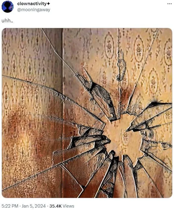 A viral tweet from @mooningaway (Jan 5, 2024) showing the creature after breaking the glass, one of the early posts that spread the meme.