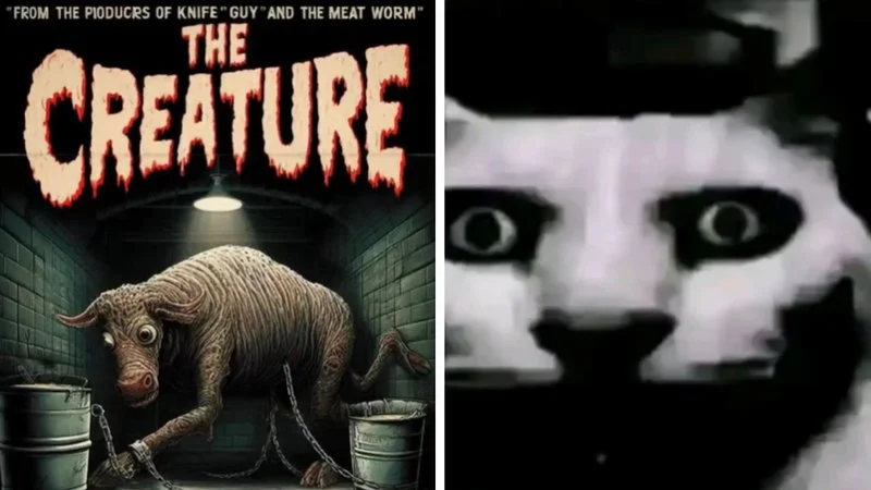 Creature Feature meme with horror poster and unsettling cat imagery.