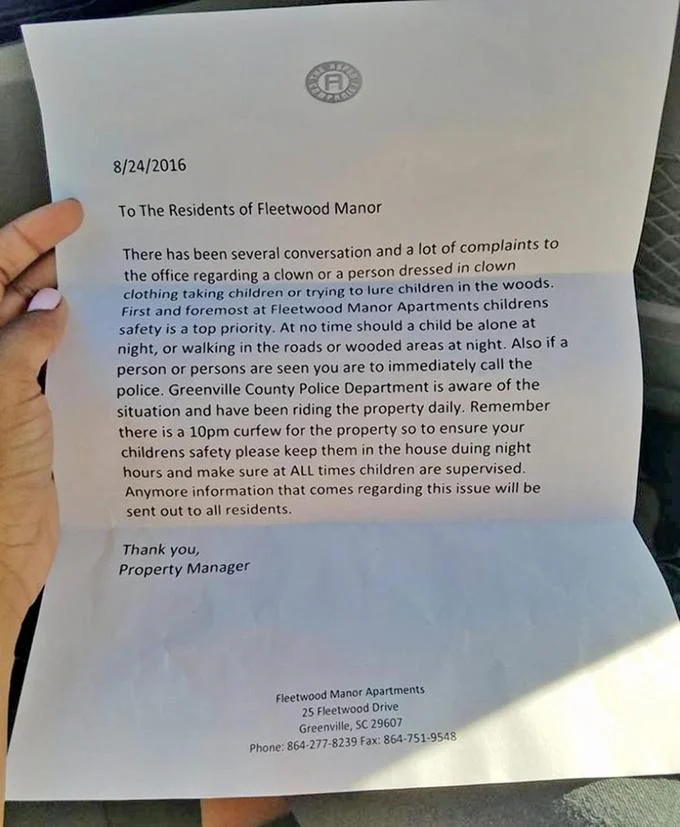 The August 2016 warning letter from Fleetwood Manor Apartments in Greenville, South Carolina, one of the earliest documented reports of the clown-sighting phenomenon.