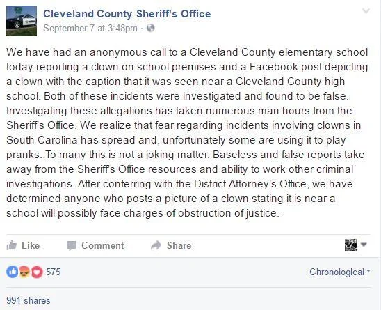 A Cleveland County Sheriff's Office statement warning that hoax clown sightings near schools would face obstruction of justice charges.