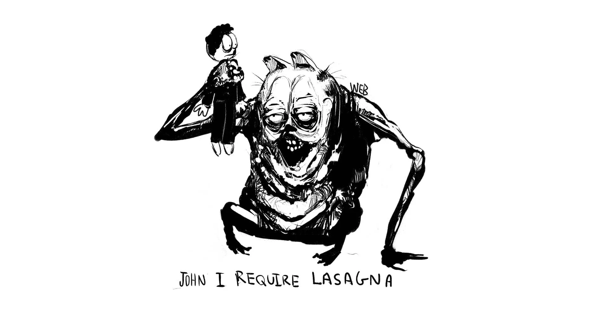 The iconic 'John I Require Lasagna' Creepy Garfield illustration by artist WEB, one of the defining images of the meme.