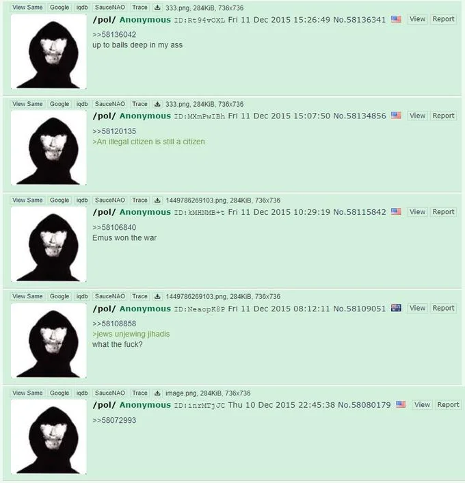 A grid of /pol/ posts from December 2015 showing the image spammed across multiple threads.
