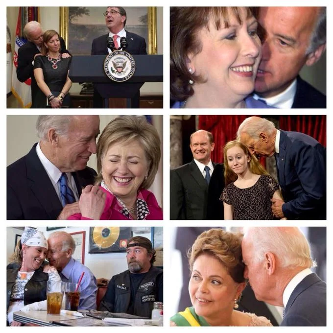 A compilation of photographs showing Joe Biden's pattern of close physical interactions, commonly shared as reference material for the 'Creepy Joe Biden' meme.