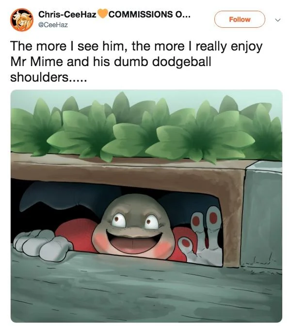 Fan illustration poking fun at Mr. Mime's shoulder design.