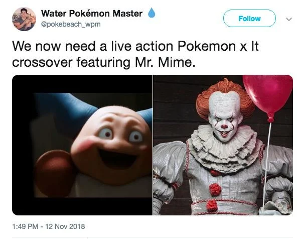 Mr. Mime and Pennywise compared as visually similar villains.
