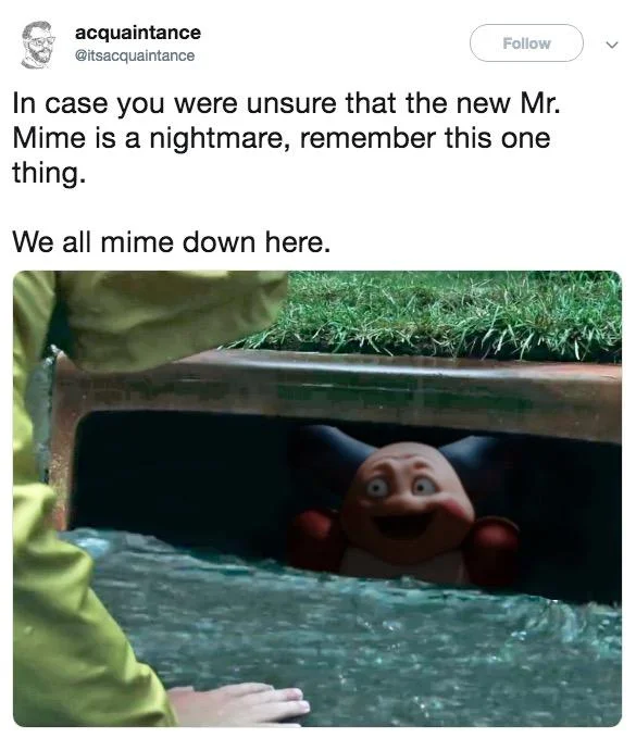 Mr. Mime compared to Pennywise from horror film It.