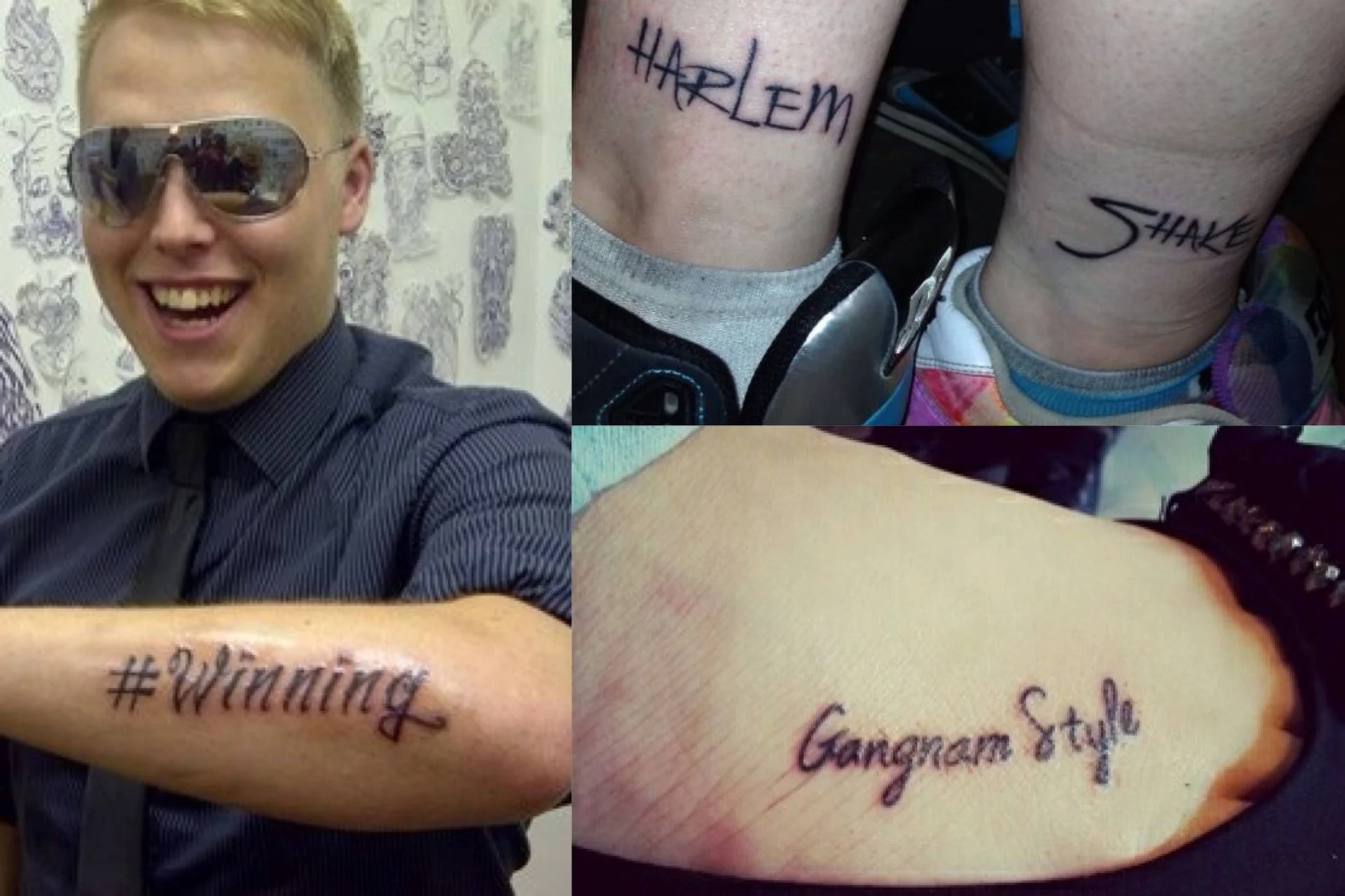 A collage of infamous cringeworthy tattoos referencing fleeting internet trends and pop-culture moments.