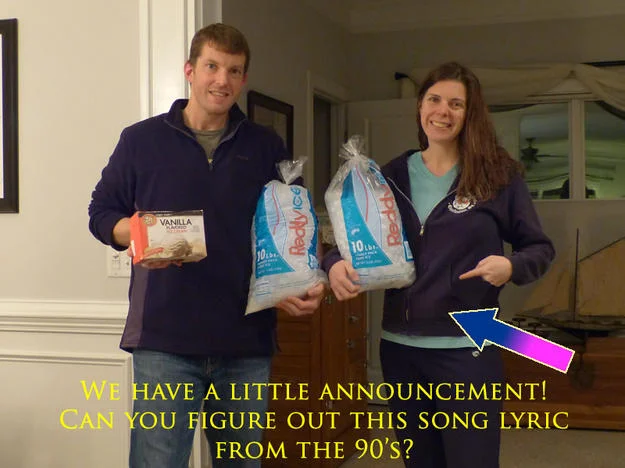 A cringeworthy pregnancy announcement built around the 'Ice Ice Baby' lyric using bags of ice and vanilla ice cream.
