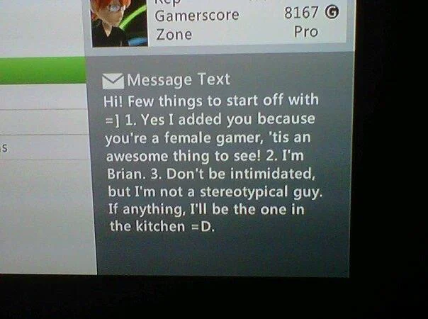A cringeworthy Xbox Live message from a male gamer to a female player attempting an awkward joke.