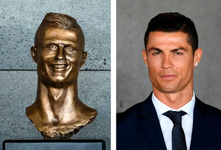 The infamous bronze bust unveiled at Madeira airport in 2017 shown next to a photograph of Cristiano Ronaldo, sparking widespread online mockery.