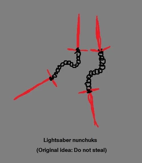 Fan-made 'lightsaber nunchuks' concept mocking the escalating absurdity of the crossguard lightsaber design.