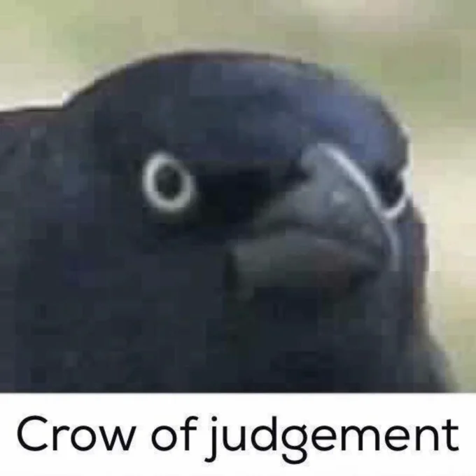 A widely circulated version of the meme cropped tightly on the grackle's face with the 'Crow of judgement' caption.