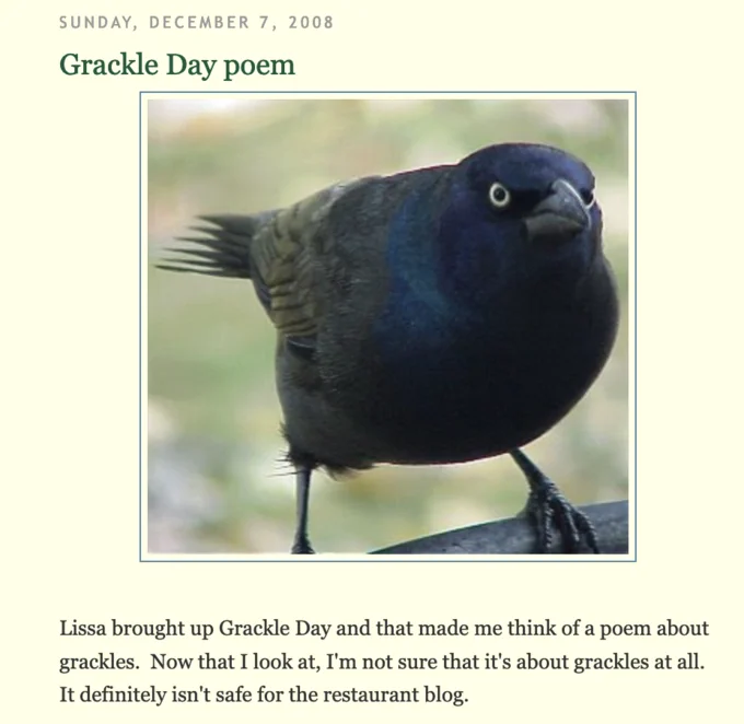 The original source of the image: a December 2008 blog post titled 'Grackle Day poem' featuring the photograph that later became the meme.