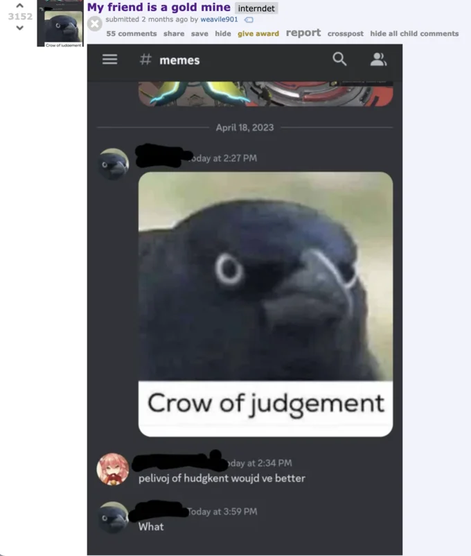 A Reddit post highlighting a friend's humorous misspelling of the Crow of judgement caption in a chat.