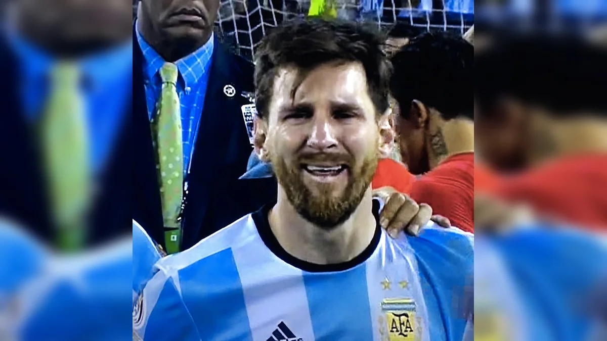 The iconic image of Lionel Messi crying after Argentina's defeat in the 2016 Copa America Centenario Final, which became the basis for the Crying Messi meme.