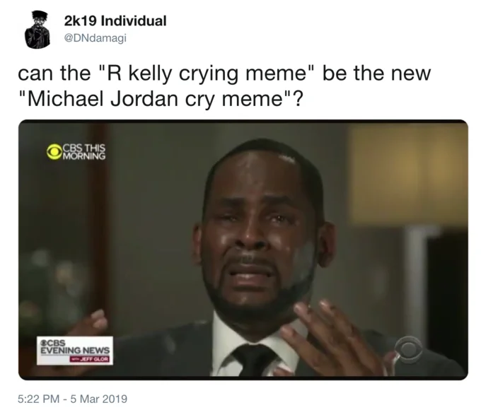A viral tweet from March 5, 2019 predicting the meme wave that followed R. Kelly's tearful CBS interview.