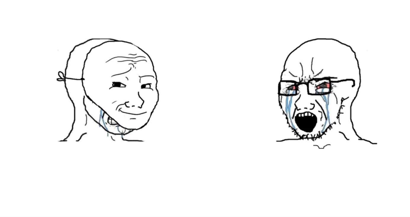 The 'mask off' version of the crying Wojak, showing an outward smiling face concealing an inner crying, distressed Wojak.