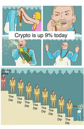 Four-panel meme: crypto investor celebrating 9% gain while averaging down through repeated market crashes