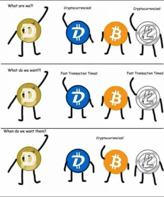 Cryptocurrency coins protest with humorous demands format.
