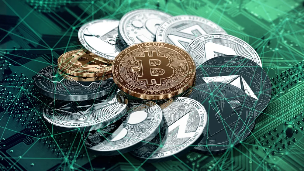 A stylized promotional image showing physical representations of Bitcoin and various altcoins over a digital network backdrop.