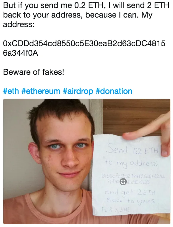An example of the fraudulent Ethereum 'giveaway' scam format that Vitalik Buterin publicly parodied.