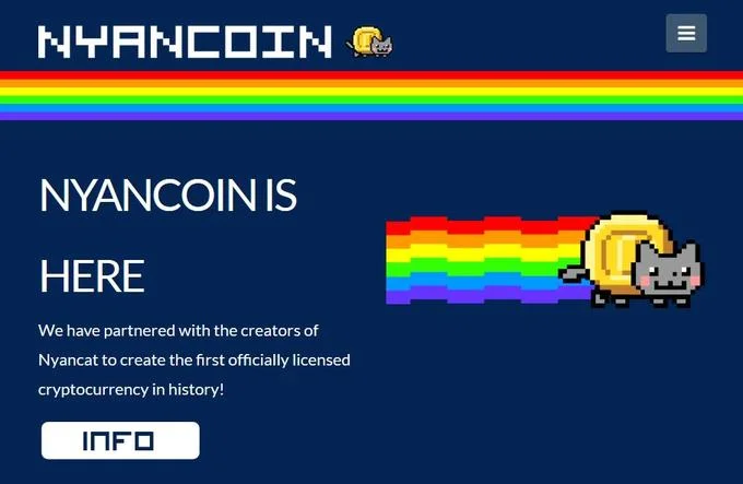 The Nyancoin website, a Nyan Cat-themed altcoin that launched during the early wave of meme cryptocurrencies.
