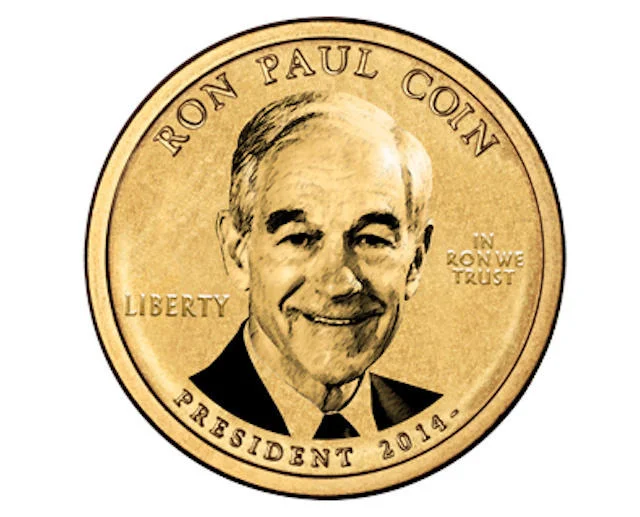 A parody 'Ron Paul Coin' design, referencing the libertarian politician's association with early cryptocurrency communities.