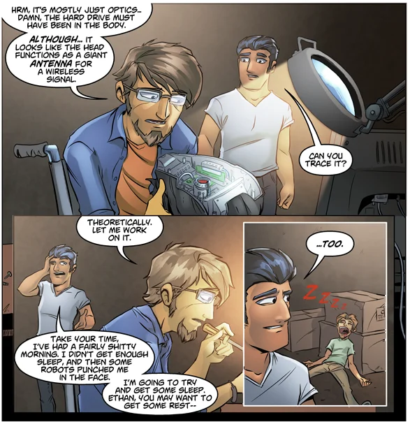 A panel from Ctrl+Alt+Del's later, more dramatic story arcs, showcasing Tim Buckley's shift toward realistic art.